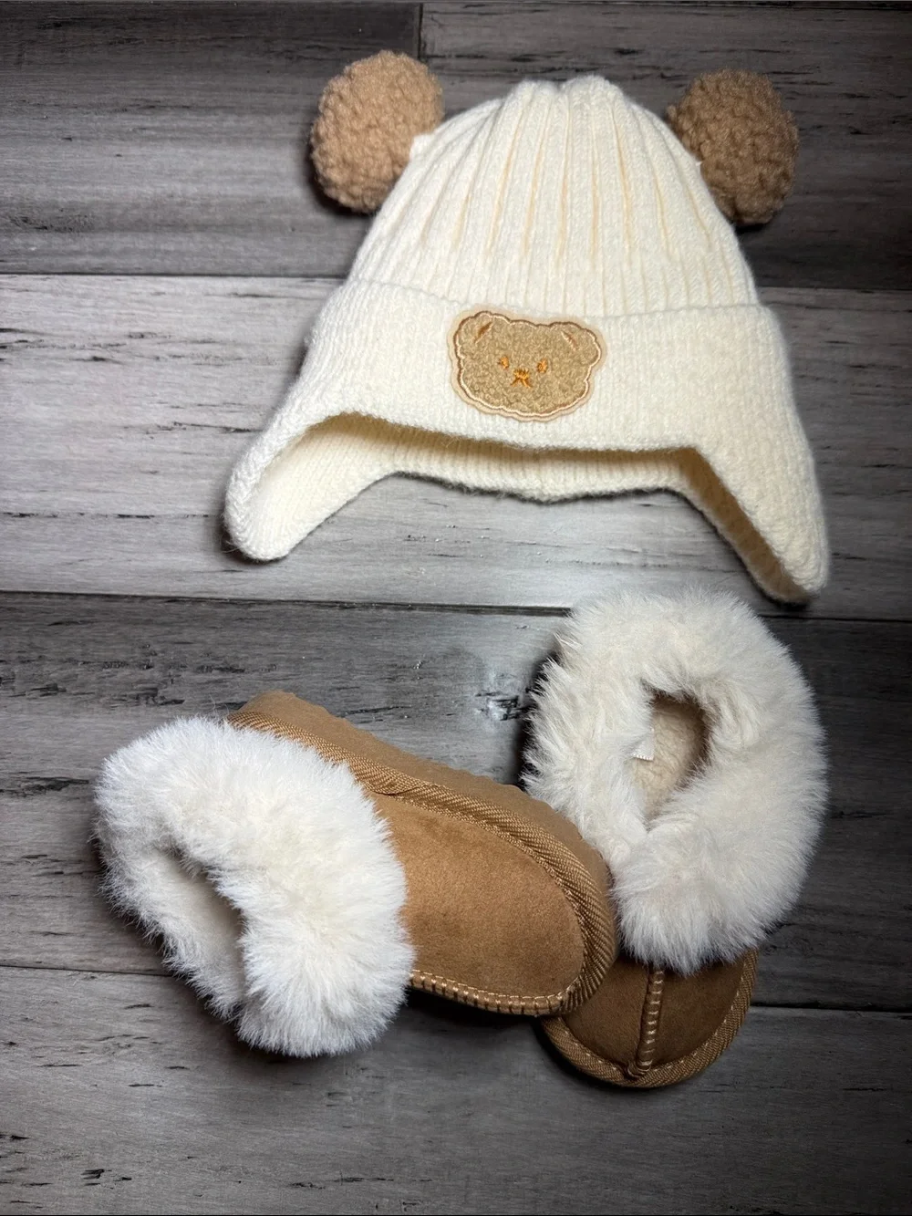 Kids Cream Bear Hat and Tan Fur-Lined Booties Set